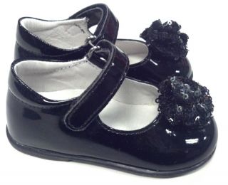 New Naturino 186 Girls Black Patent Mary Jane w Sequin Pom Poms Velcro Strap