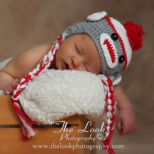 Melondipity Boy Sock Monkey Beanie Baby Hat Crochet Knit Animal Braids Red Gray
