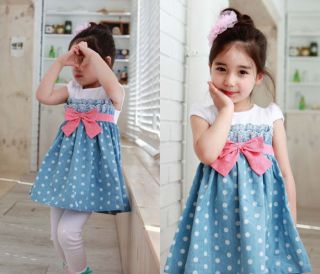 Baby Kids Girls Toddlers Cowboy Blue Polka Dot Bowknot Dress Clothes 1 6Years