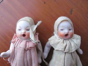 2 Adorable Antique Little Jointed German Bisque Baby Dolls Open Mouths L K