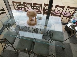 Glasstop Wrought Iron Dining Table w 8 Upholstered Wrought Iron Chairs
