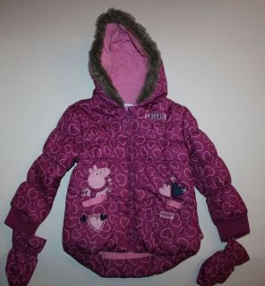 New Tu Brand Peppa Pig Winter Puffer Coat Mittens Size 3T 4T 98 104cm Purple