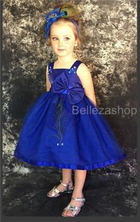 Royal Blue Peafowl Feather Dress Wedding Flower Girl Pageant Baby Sz 6M 9M FG193