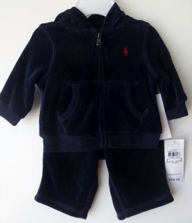 Ralph Lauren Baby Boys Hooded Velvet sweat Suit Navy Size 3 Months B5366