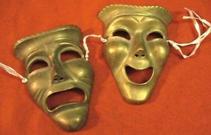 India Brass Art Theatre Comedy Tragedy Wall Hanging Drama Mask thespian Decor
