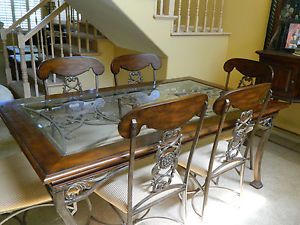 7 Piece Dining Room Table and Chairs Wood Wrought Iron Glass