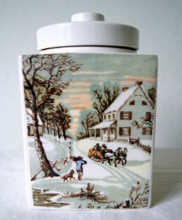 Vintage Ceramic Condiment Jar Currier Ives Style Winter Scene Christmas Decor
