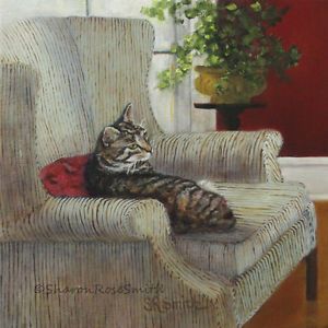 Original Oil Painting Gray Tabby Cat Striped Arm Chair by Sharon Rose Smith