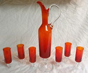 Elegant Red Orange Pitcher Decanter Shot Cordial Liquor Art Glass Set Vtg Bar