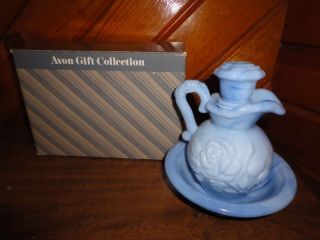 Vintage Avon Victoriana Pitcher and Bowl Bubble Bath with Box Full Blue