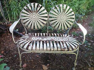 Antique Garden Architectural Spring Metal Sunburst Double Seat Bench Arm Chair