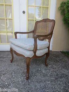 French Fauteuil Bergere Arm Chair Victorian Queen Anne Tan Carved Cane