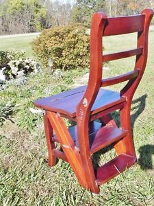 Antique Ben Franklin Wooden Library Step Stool Chair Ladder 1800'S