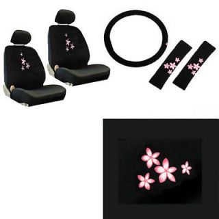 9pc Pink Floral Flower Front Bucket Car Seat Cover Set Steering Wheel Seat Belt
