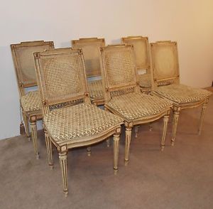 Antique French Set of Six Louis XVI Original Shabby Paint Cane Dining Chairs