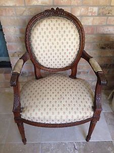 Antique Louis XVI Arm Side Chair French Hand Carved Wood Upholstered