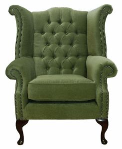 Chesterfield Armchair Queen Anne High Back Fireside Wing Chair Sage Green Fabric