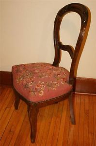 Antique Victorian Parlor Chair Wood Pink Needle Point Ornate Wooden Revival 1800