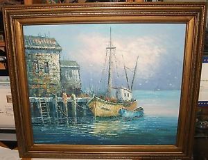 Florence Sail Fishing Boat at Dock Original Oil on Canvas Seascape Painting
