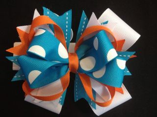 Stacked Boutique Style Hair Bow Teal Orange and White Miami Dolphin Colors