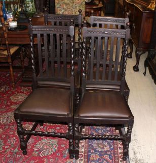 Set of 4 Carved Antique English Oak Barley Twist Upholstered Chairs