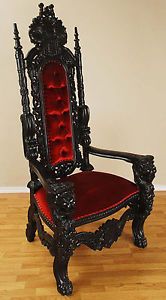 Carved Mahogany Lion Head Gothic Throne Chair King Black Finish w Red Velvet