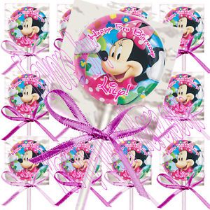 Disney Minnie Mouse Personalized Lollipop Favors w Fuchsia Pink Bows 12 Pcs