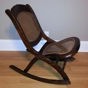 Antique Folding Wooden Rocking Chair with Wicker Seat and Back
