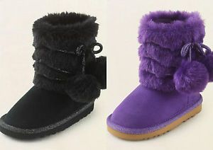Children's Place Girls Purple Black Chalet Faux Fur Pom Pom Boots Sz 6 7 10 New