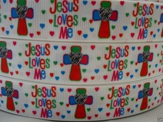 7 8 Colorful Jesus Loves Me with Hearts Printed Grosgrain Ribbon