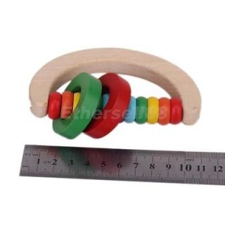 Wooden Half Round Ring Rattle Bell Cambered Handle Baby Toddler Toy Random Color