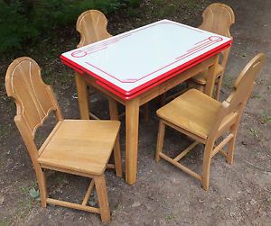 Vintage Ingram Richardson Red White Porcelain Enamel Table 4 Chairs C1930s