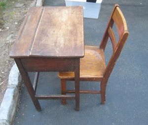 Antique Childrens Solid Wooden Wood School Chair Desk Flip Top Mid Century