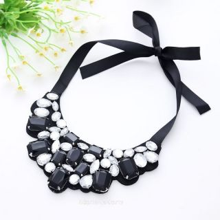 New Arrive Crystal Black Ribbon Chain Bib Collar Necklace Jewelry A1305