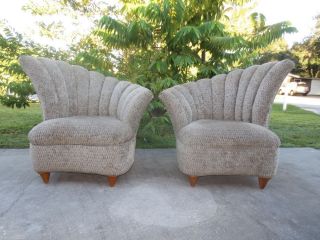 TLC Asymmetrical Pair 2 Chairs French Art Deco Fan Back Hollywood Regency Parlor