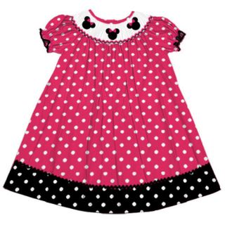 Smocked Girls 12mos Minnie Mouse Bishop Dress Pink Black Polka Dot Birthday NIP