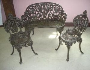 Antique Cast Iron Garden Bench 2 Chairs Patio Victorian Baroque Style 1890s