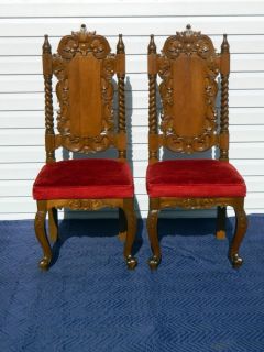 Pair Beautifully Carved Vintage Spanish Style Oak Barley Twist Side Chairs