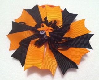 4 5" Black Orange Halloween "Spider" Boutique Girl Toddler Hair Bow Clip On