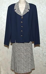 Leslie Fay Two Piece Pleated Skirt Jacket Navy Blue Floral Womens Size 18
