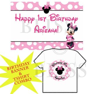 Custom Personalized Minnie Mouse Birthday Party Banner Tshirt Combo Package