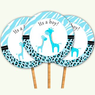 30 Cupcake Toppers with Picks Giraffe Blue Baby Boy Shower Zebra Leopard