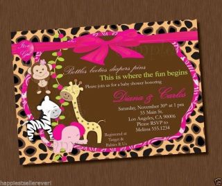 Pink Girl Jungle Printable Baby Shower Invitation Monkey Lion Elephant Giraffe