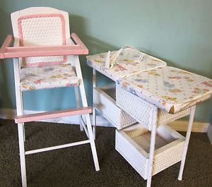 Vintage Baby Doll Furniture High Chair Changing Table Highchair Wicker Bear