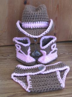 Newborn Baby Crochet Cowboy Cowgirl Hat Boots Diaper Cover Photo Prop