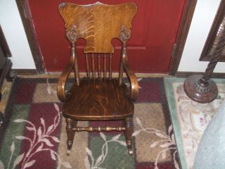 Antique Tiger Oak Child Ornate Arts Crafts Rocking Pressed Back Bentwood Chair