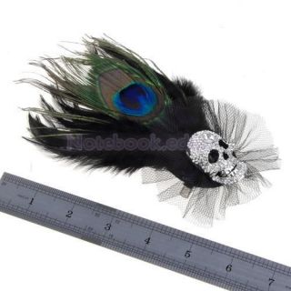 Lady's Peacock Feather Rhinestone Skull Ball Brooch Pin