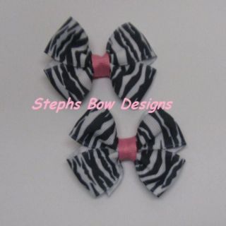 Lot 2 Hot Pink Zebra Black White Pigtail Hair Bow Set Cute Infant Piggytail Baby