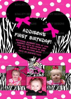 Minnie Mouse Zebra Birthday Invitations Thank You Cards 4x6 5x7 UPRINT Read