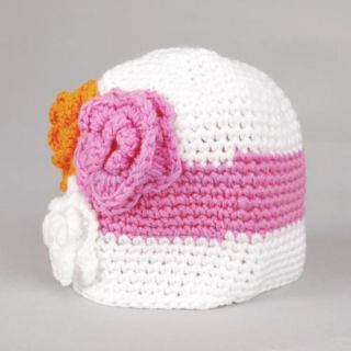 3X White Infant Toddler Lovely Cotton 3 Flowers Pink Stripe Crochet Beanie Hat M